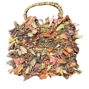 Rag Rug Style Tote Bag, Bamboo Handle, Boho